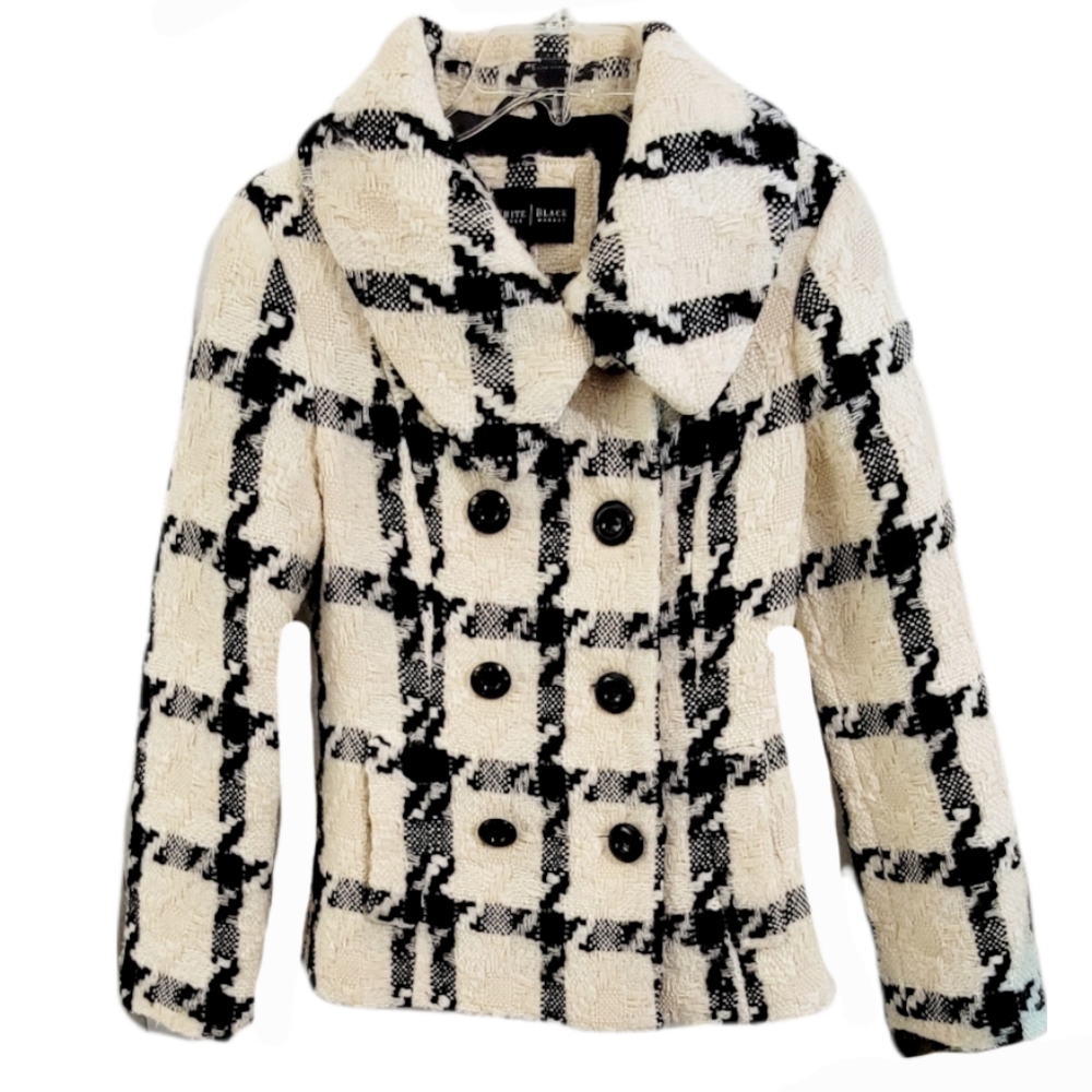 White House Black Market Ivory & Black Tweed  Wool Blend Pea Coat Size XS.‎